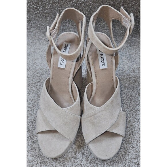 Steve Madden Jodi Platform High Heels Women Size 9 Suede Ankle Strap Beige Block - Picture 3 of 12